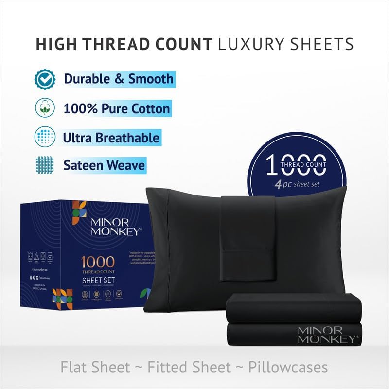 Minor Monkey 100% Egyptian Cotton Sheets King Size 1000 Thread Count 4 PC Sheet Set Black for King Bed Soft Cooling Extra Long Staple Luxury Hotel Sheets Sateen Weave Fits Upto 16” Deep Pocket - Image 4